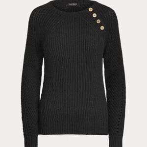 Lauren Ralph Lauren Button Trim Cotton Chunky Knit Sweater Size L Black Gold
